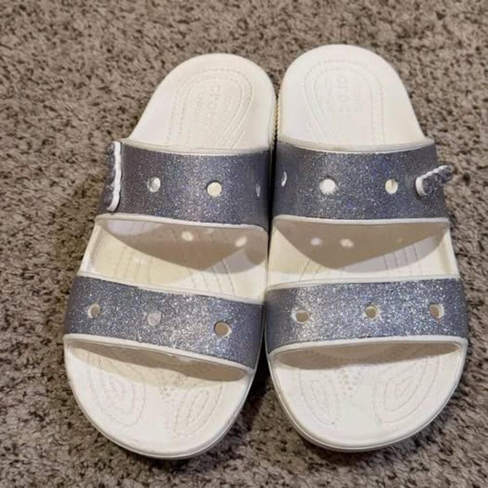 Women’s Crocs SZ 9 - SPARKLY Silver iridescent - Pool slides & more!